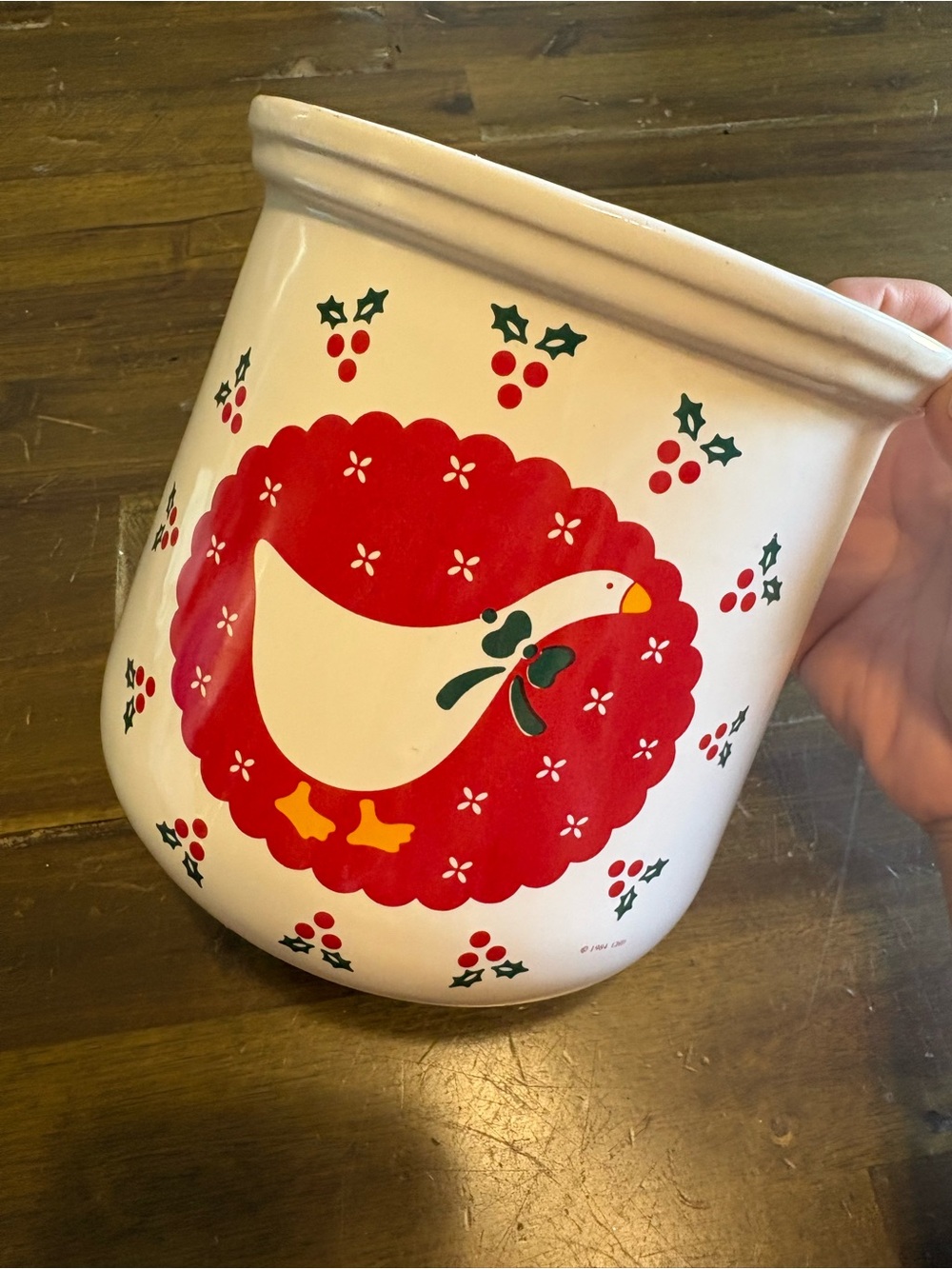 Vintage Ceramic Christmas Goose Duck Crock Canister Holder Bow 1984 Gooseberry